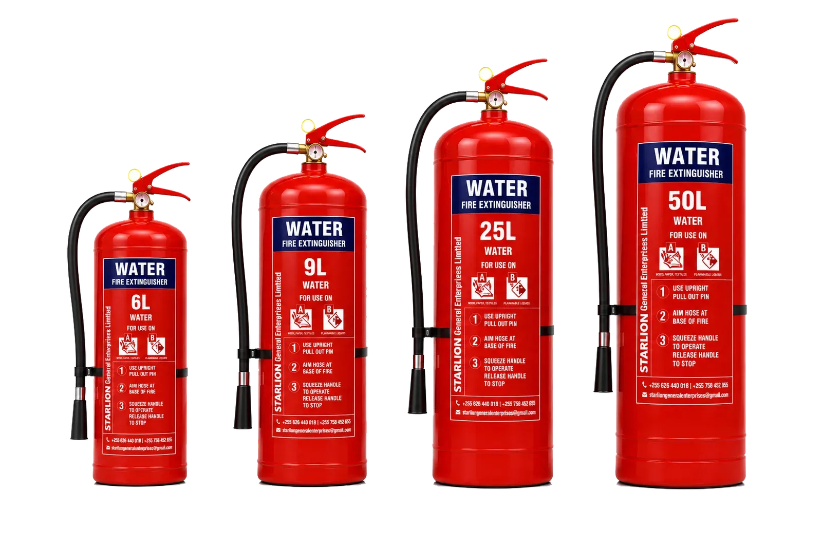 STARLION water fire extinguishers in 6, 9, 25 and 50 litre capacities, shown side by side in ascending size on a transparent background.